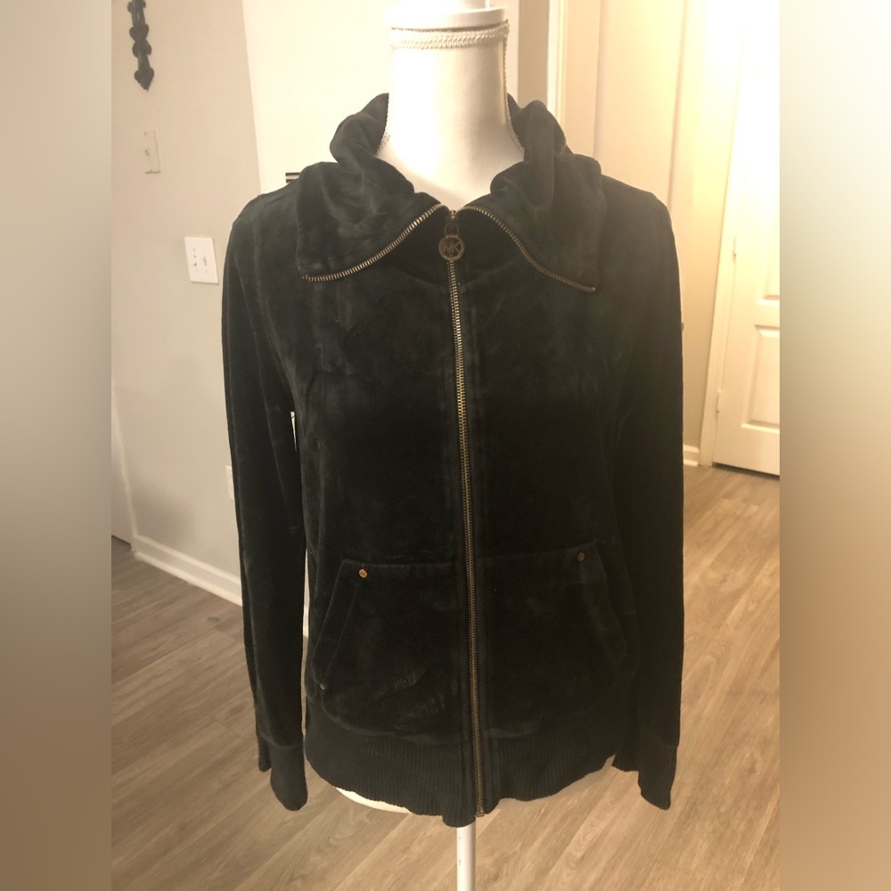 WOMEN’S MICHAEL MICHAEL KORS BLACK VELOUR HIGH-NECK SWEATSHIRT SIZE L/P